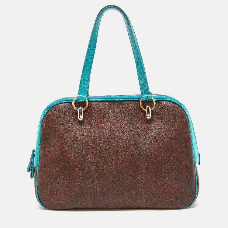 Pre Owned Etro Brown/Turquoise Paisley Print Coated Canvas Zip Dome Satchel