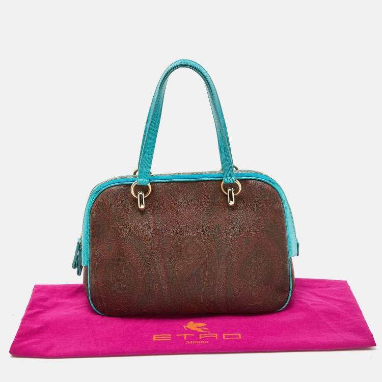 Pre Owned Etro Brown/Turquoise Paisley Print Coated Canvas Zip Dome Satchel