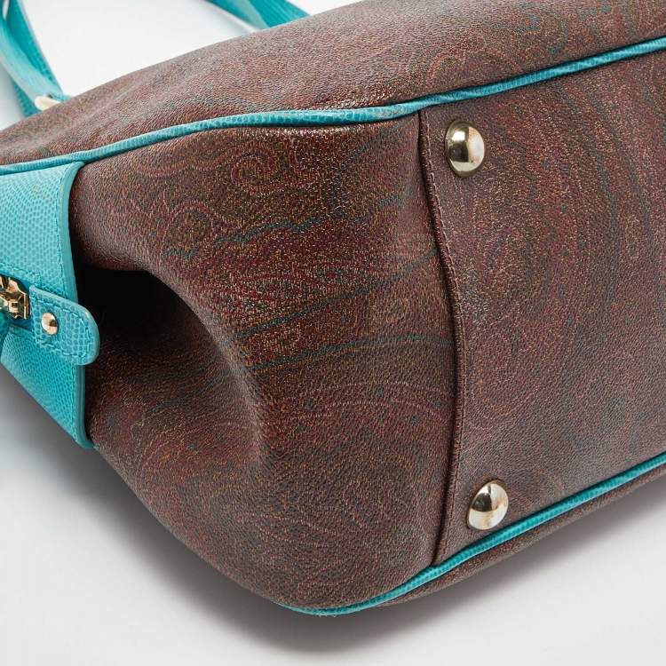 Pre Owned Etro Brown/Turquoise Paisley Print Coated Canvas Zip Dome Satchel
