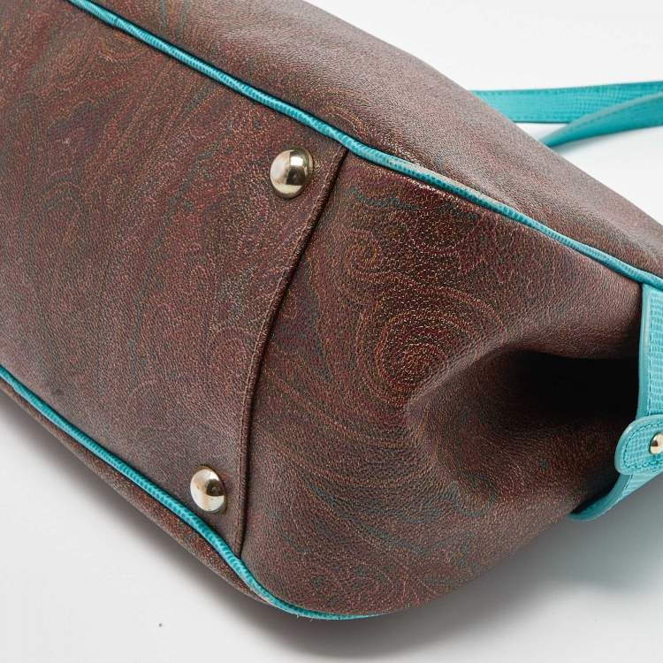 Pre Owned Etro Brown/Turquoise Paisley Print Coated Canvas Zip Dome Satchel