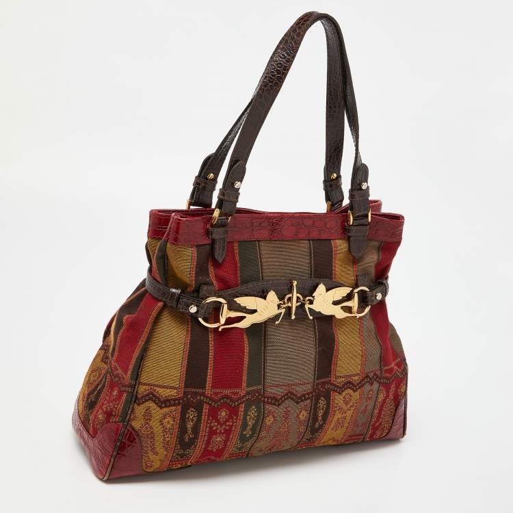 Pre Owned Etro Multicolor Printed Canvas and Croc Embossed Leather Shoulder Bag