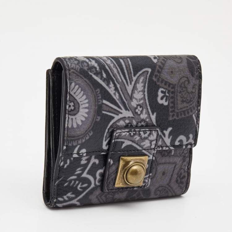 Pre Owned Etro Black/Grey Paisley Print Leather Crown Me Compact Wallet