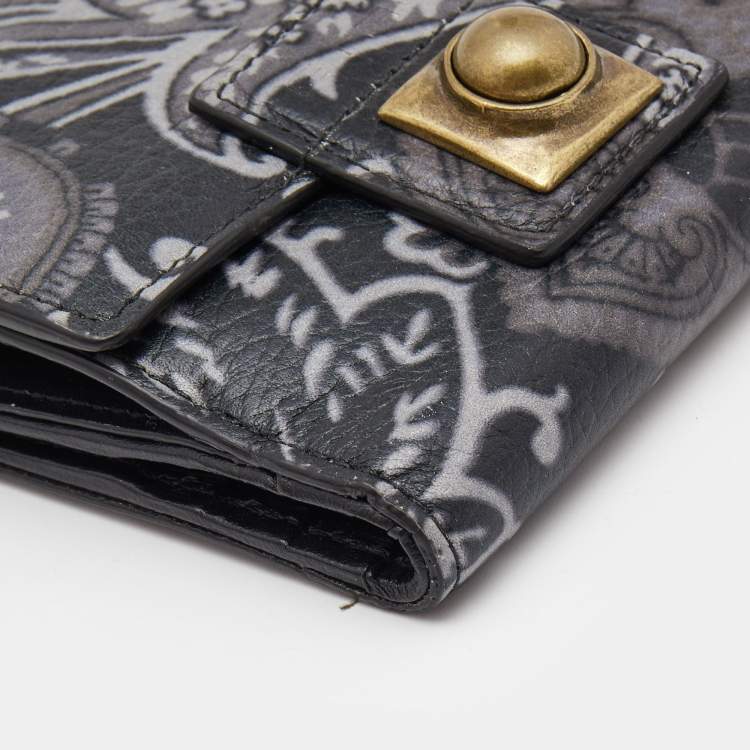 Pre Owned Etro Black/Grey Paisley Print Leather Crown Me Compact Wallet