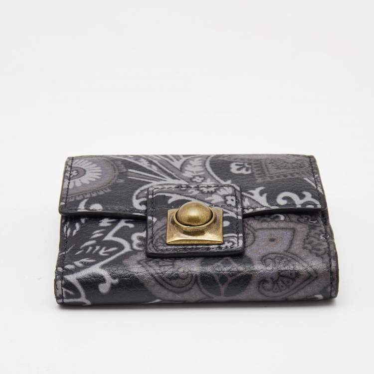 Pre Owned Etro Black/Grey Paisley Print Leather Crown Me Compact Wallet