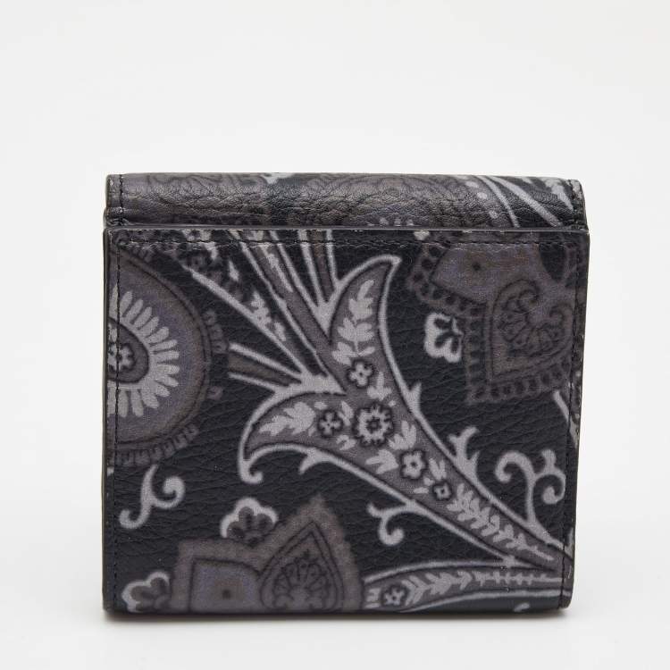 Pre Owned Etro Black/Grey Paisley Print Leather Crown Me Compact Wallet