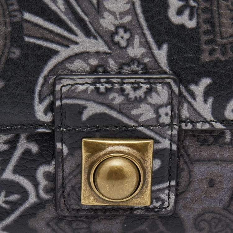Pre Owned Etro Black/Grey Paisley Print Leather Crown Me Compact Wallet