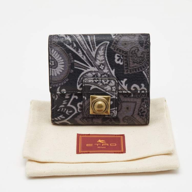 Pre Owned Etro Black/Grey Paisley Print Leather Crown Me Compact Wallet
