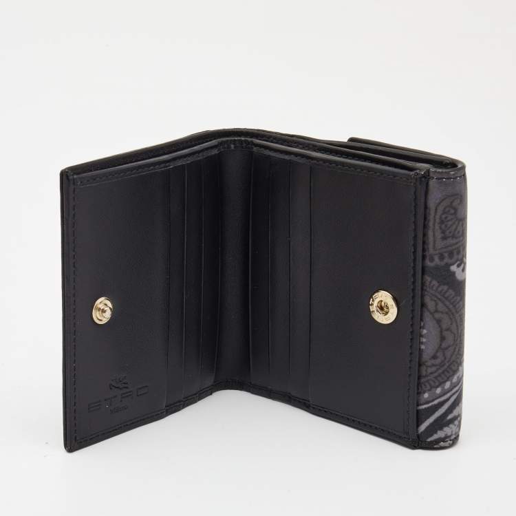 Pre Owned Etro Black/Grey Paisley Print Leather Crown Me Compact Wallet