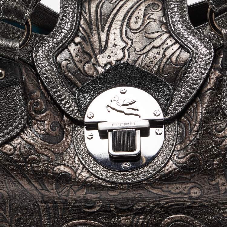 Pre Owned Etro Metallic Paisley Embossed Leather Drawstring Hobo