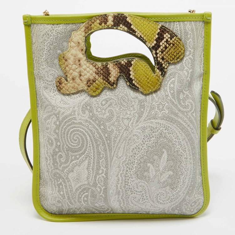 Pre Owned Etro Green Paisley Print Coated Canvas, Python Embossed and Leather Slim Crossbody Bag