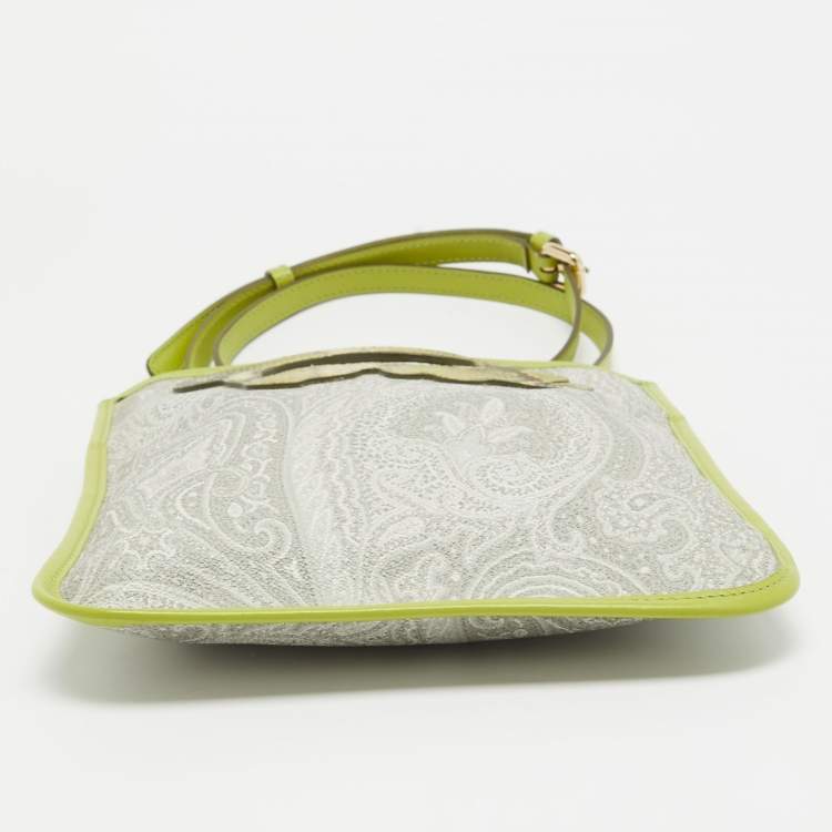 Pre Owned Etro Green Paisley Print Coated Canvas, Python Embossed and Leather Slim Crossbody Bag