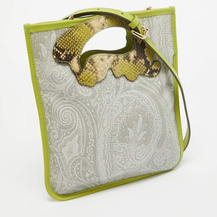 Pre Owned Etro Green Paisley Print Coated Canvas, Python Embossed and Leather Slim Crossbody Bag