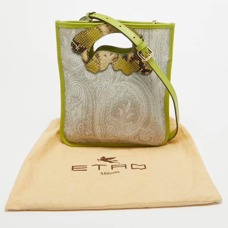 Pre Owned Etro Green Paisley Print Coated Canvas, Python Embossed and Leather Slim Crossbody Bag