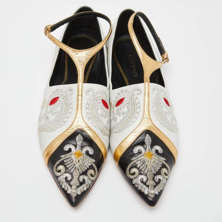 Pre Owned Etro Multicolor Embroidered Leather Ankle Strap Ballet Flats Size 39
