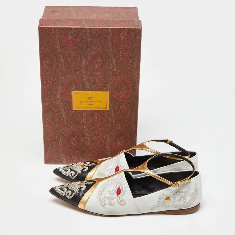 Pre Owned Etro Multicolor Embroidered Leather Ankle Strap Ballet Flats Size 39