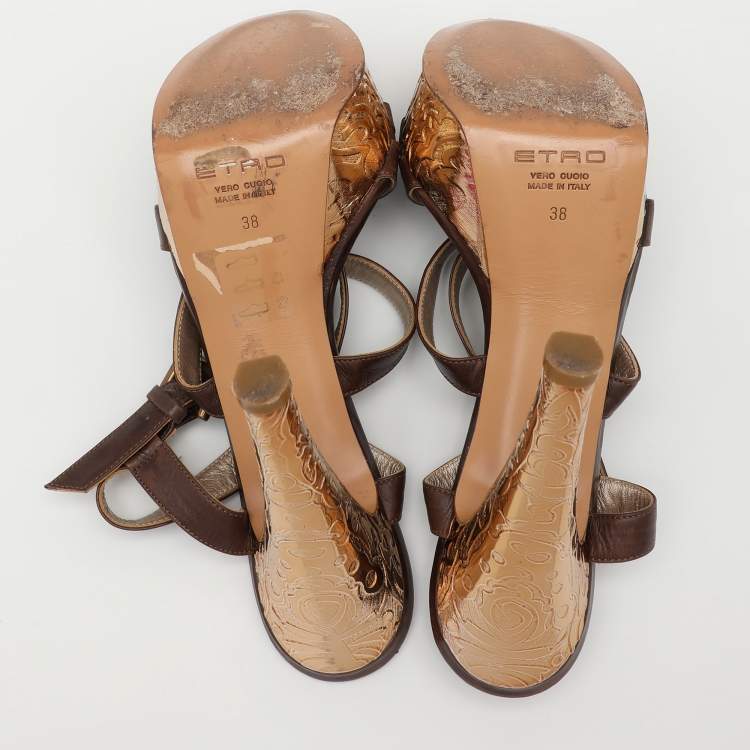 Pre Owned Etro Brown Leather Platform Ankle Strap Sandals Size 38