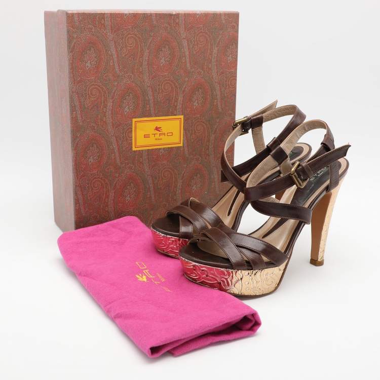 Pre Owned Etro Brown Leather Platform Ankle Strap Sandals Size 38