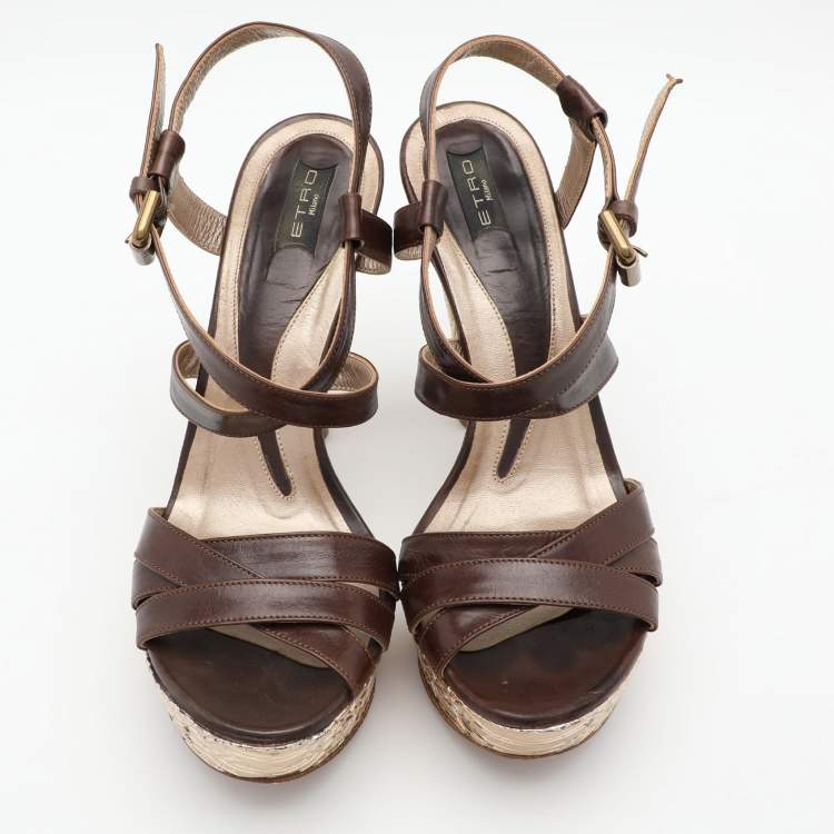 Pre Owned Etro Brown Leather Platform Ankle Strap Sandals Size 38