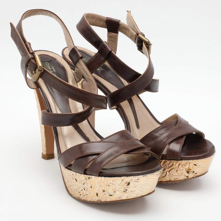 Pre Owned Etro Brown Leather Platform Ankle Strap Sandals Size 38