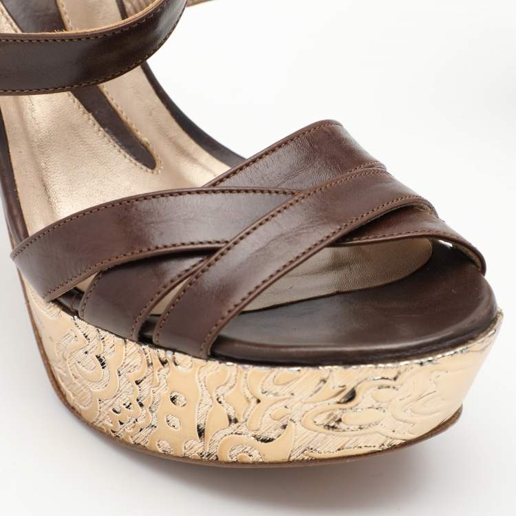 Pre Owned Etro Brown Leather Platform Ankle Strap Sandals Size 38