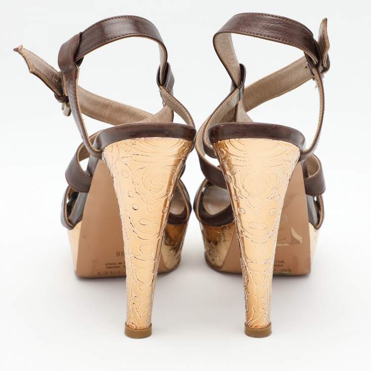 Pre Owned Etro Brown Leather Platform Ankle Strap Sandals Size 38