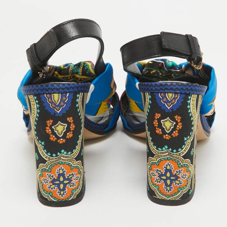 Pre Owned Etro Multicolor Printed Satin and Leather Knotted Slingback Sandals Size 41