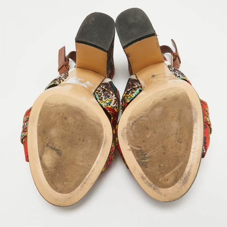 Pre Owned Etro Multicolor Printed Satin and Leather Knotted Slingback Sandals Size 41