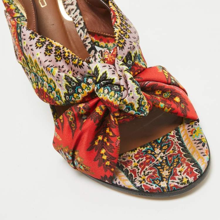 Pre Owned Etro Multicolor Printed Satin and Leather Knotted Slingback Sandals Size 41