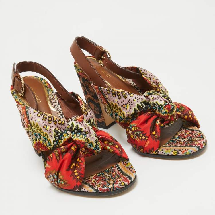 Pre Owned Etro Multicolor Printed Satin and Leather Knotted Slingback Sandals Size 41