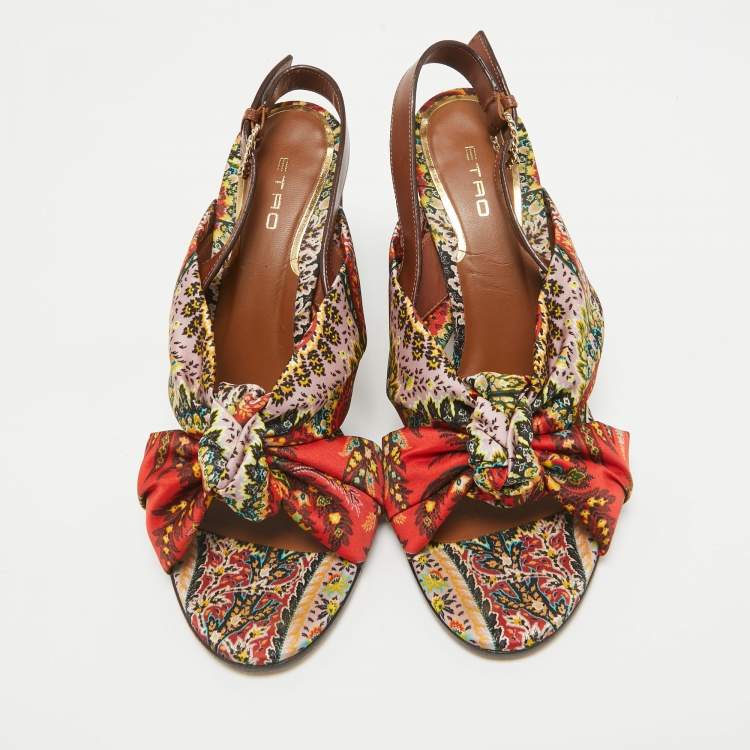 Pre Owned Etro Multicolor Printed Satin and Leather Knotted Slingback Sandals Size 41
