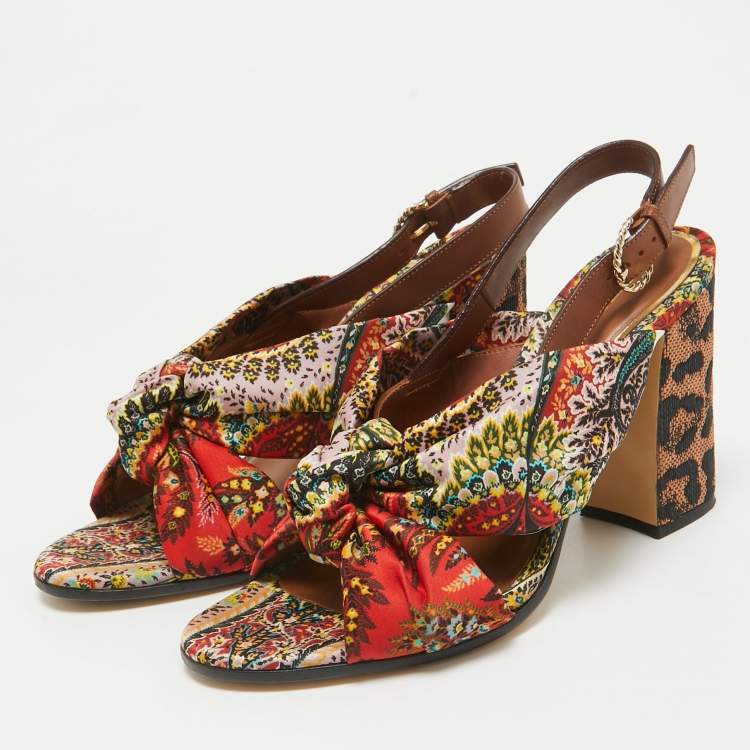 Pre Owned Etro Multicolor Printed Satin and Leather Knotted Slingback Sandals Size 41
