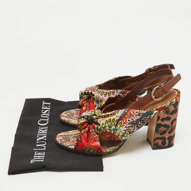 Pre Owned Etro Multicolor Printed Satin and Leather Knotted Slingback Sandals Size 41