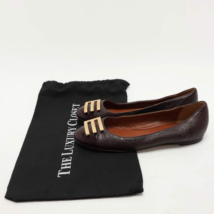 Pre Owned Etro Brown Embossed Leather Embellished Cap Toe Ballet Flats Size 40