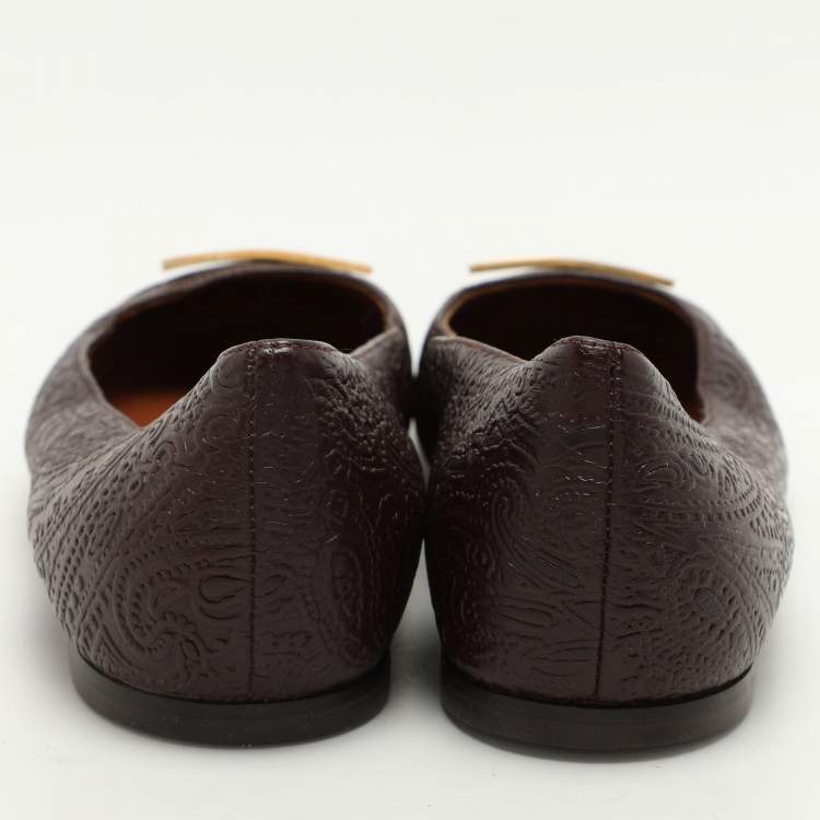 Pre Owned Etro Brown Embossed Leather Embellished Cap Toe Ballet Flats Size 40