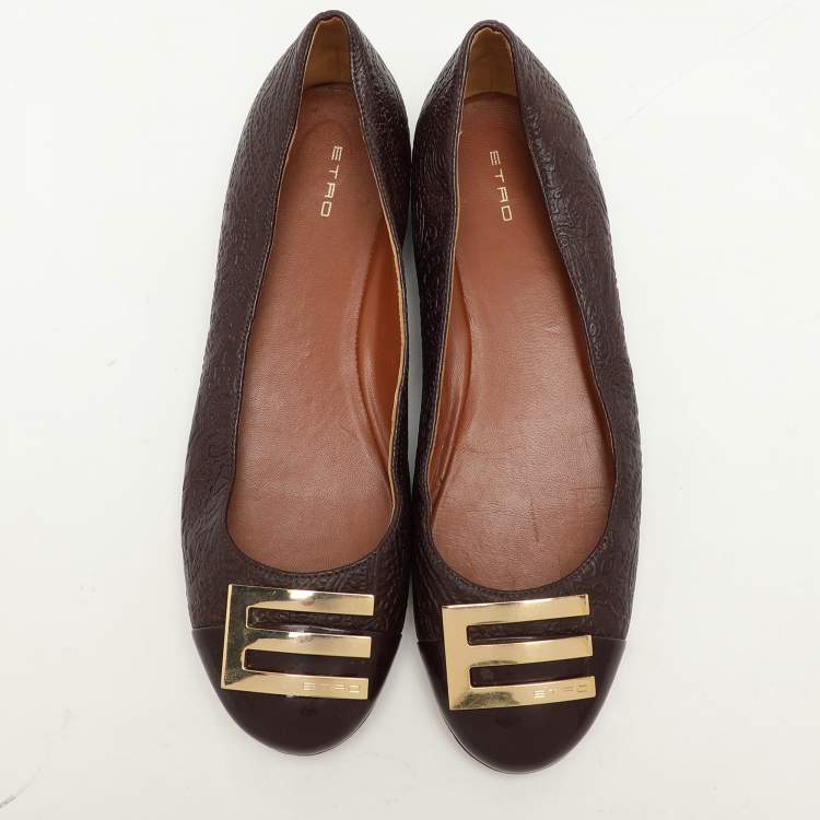 Pre Owned Etro Brown Embossed Leather Embellished Cap Toe Ballet Flats Size 40