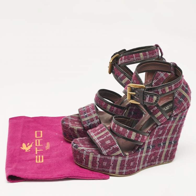 Pre Owned Etro Magenta Pink/Black Tweed and Leather Platform Wedge Sandals Size 40