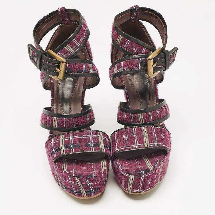 Pre Owned Etro Magenta Pink/Black Tweed and Leather Platform Wedge Sandals Size 40