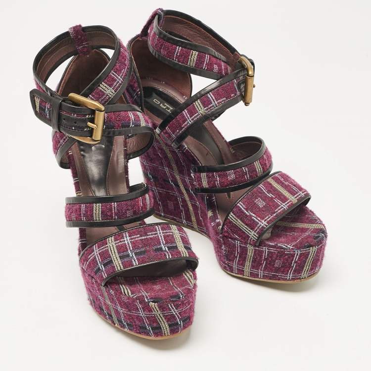 Pre Owned Etro Magenta Pink/Black Tweed and Leather Platform Wedge Sandals Size 40