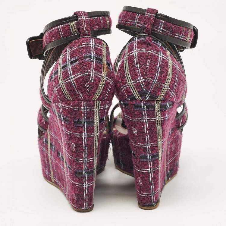 Pre Owned Etro Magenta Pink/Black Tweed and Leather Platform Wedge Sandals Size 40