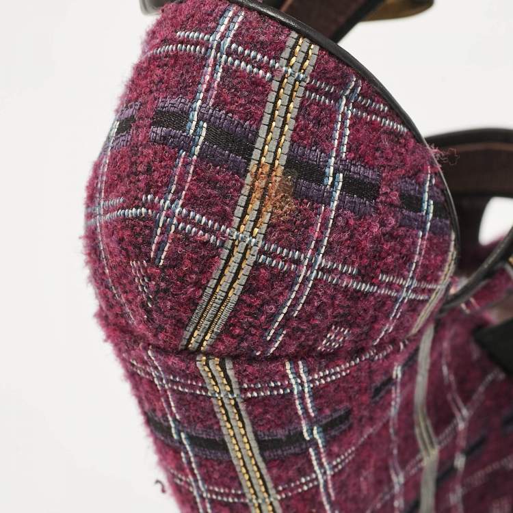Pre Owned Etro Magenta Pink/Black Tweed and Leather Platform Wedge Sandals Size 40