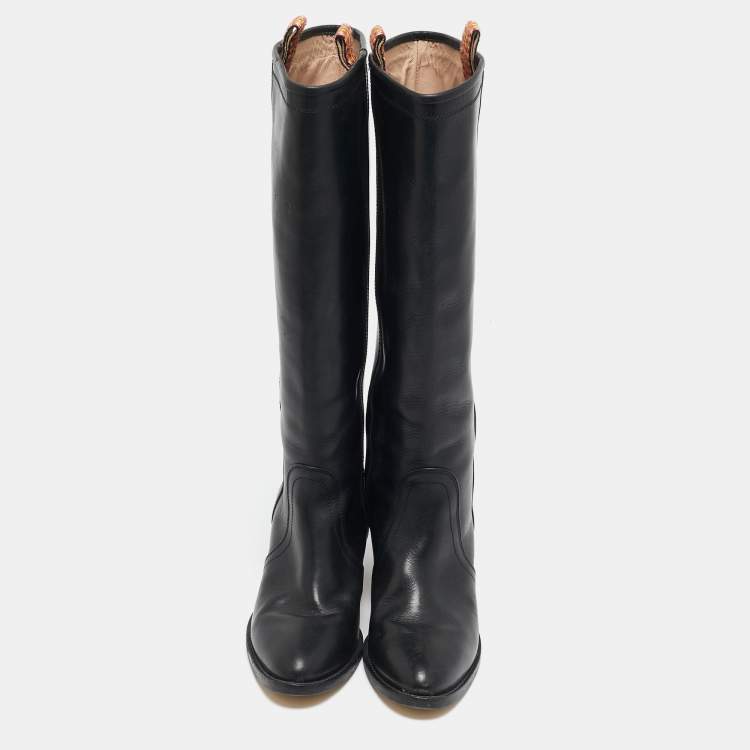 Pre Owned Etro Black Leather Western Carving Cowboy Knee Length Boots Size 40