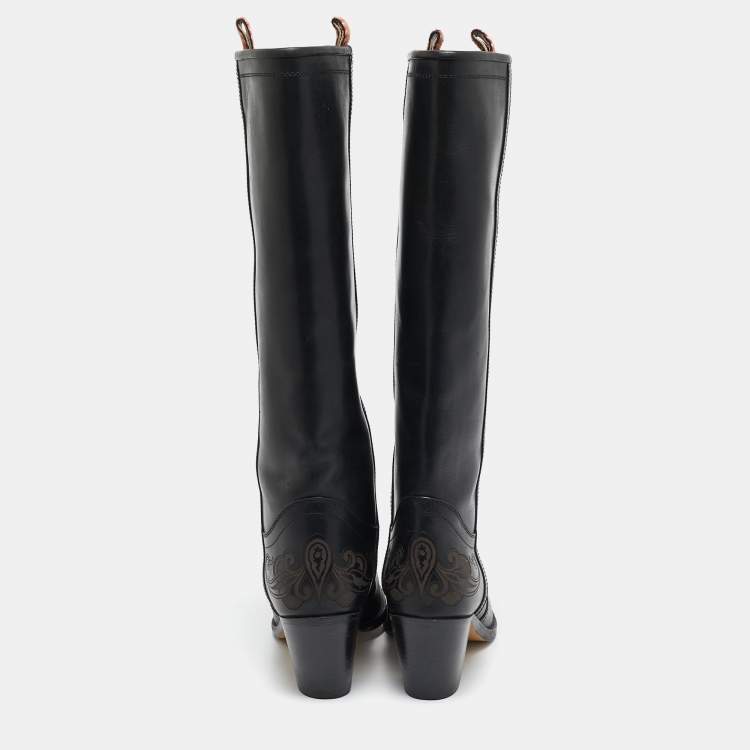 Pre Owned Etro Black Leather Western Carving Cowboy Knee Length Boots Size 40
