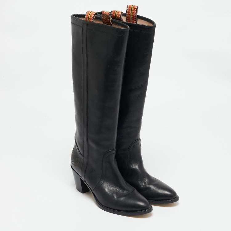 Pre Owned Etro Black Leather Western Carving Cowboy Knee Length Boots Size 40