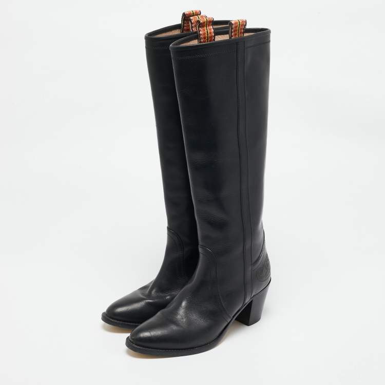 Pre Owned Etro Black Leather Western Carving Cowboy Knee Length Boots Size 40
