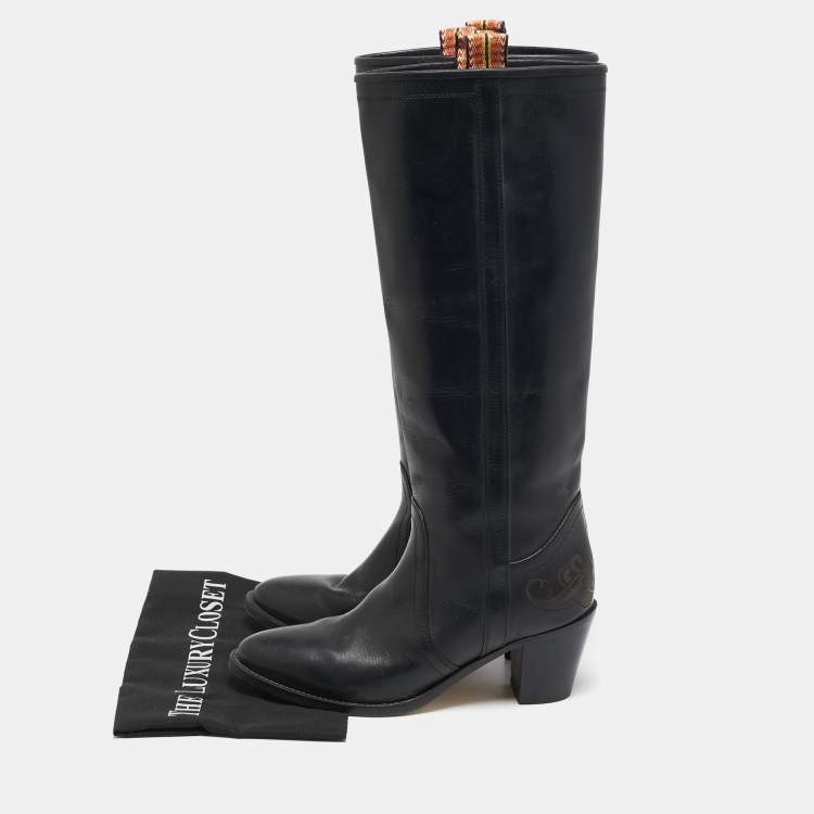 Pre Owned Etro Black Leather Western Carving Cowboy Knee Length Boots Size 40