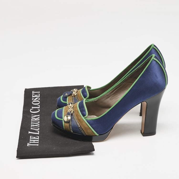 Pre Owned Etro Blue/Green Satin Zip Embellished Block Heel Pumps Size 38