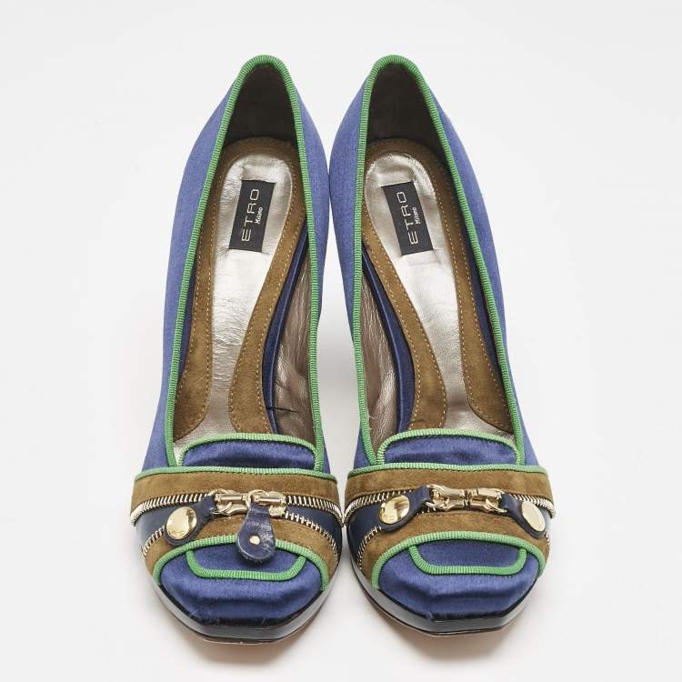 Pre Owned Etro Blue/Green Satin Zip Embellished Block Heel Pumps Size 38