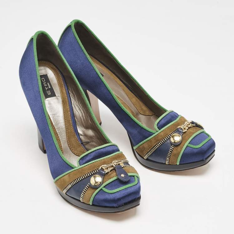Pre Owned Etro Blue/Green Satin Zip Embellished Block Heel Pumps Size 38