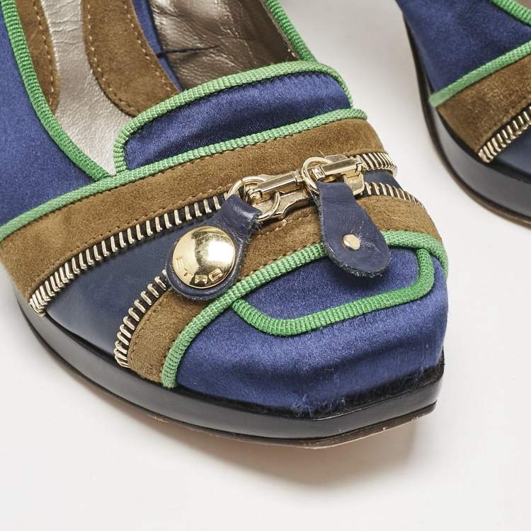 Pre Owned Etro Blue/Green Satin Zip Embellished Block Heel Pumps Size 38