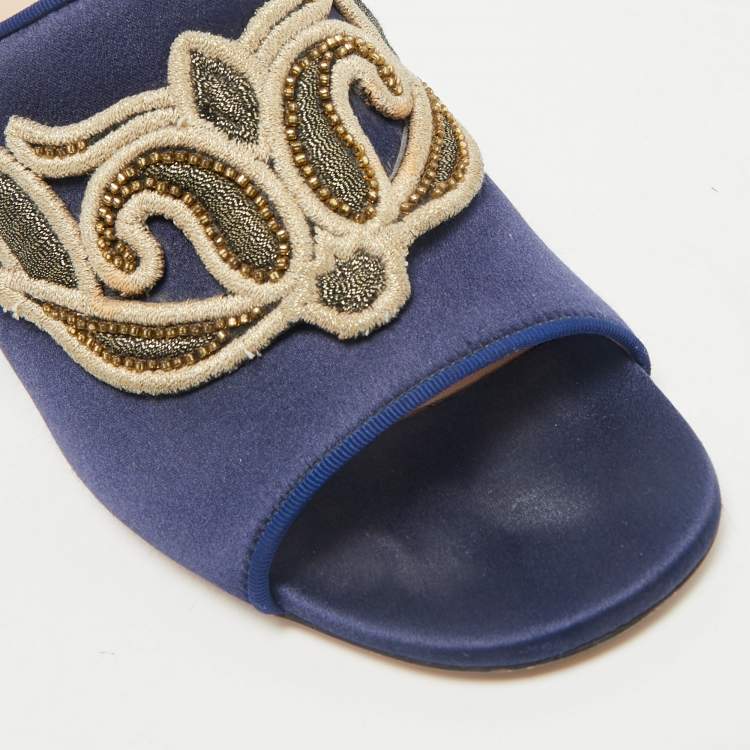 Pre Owned Etro Navy Blue Satin Slide Sandals Size 40